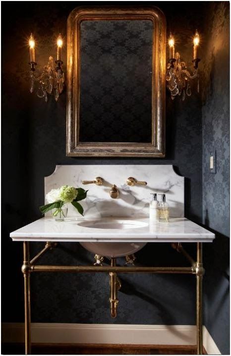 Evoking both a vintage and contemporary aesthetic, apothecary sinks add charm to bathrooms with their open framework and marble top. ... Dark Gray Bathroom, Powder Room Decor, Herringbone Backsplash, Bad Inspiration, Black Room, Dark Walls, Powder Bath, Pool Design, Design Del Prodotto