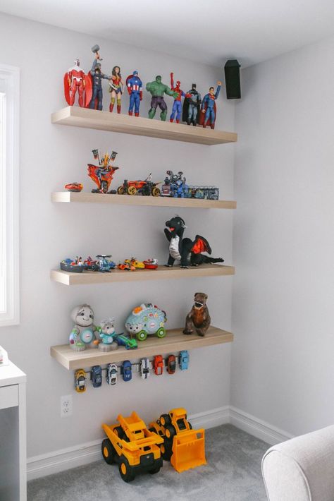 LACK Floating Shelves, Toy Display, Toy Storage, Action Figures, LEGO Storage Ideas, IKEA INSPIRED BRIGHT WHITE MODERN PLAY ROOM - Simply Every Floating Shelves Toy Storage, Floating Shelves For Toys, Floating Shelves For Lego Display, Kids Rooms Shelves, Floating Shelves In Playroom, Shelving For Toys, Ikea Toy Shelves, Floating Toy Shelves, Ikea Display Shelves