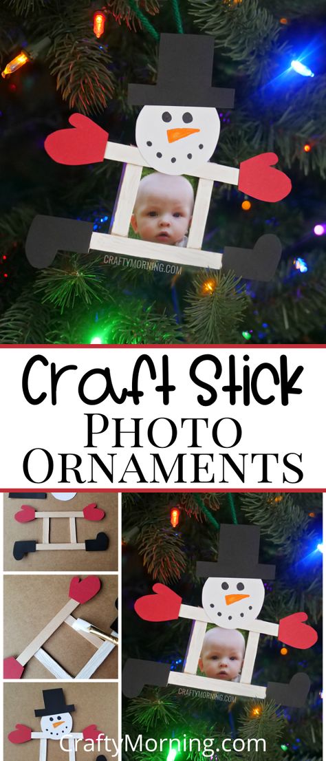 Ornament For Kids To Make, Christmas Ornaments Homemade Kids, Christmas Ornament For Kids, Homemade Christmas Ornament, Picture Christmas Ornaments, Popsicle Stick Ornaments, Ornaments Diy Kids, Ornament Snowman, Diy Popsicle