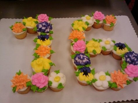 Sweet 16 Floral Cupcake Cake Charcuterie Birthday, 16 Cupcakes, Sweet 16 Cupcakes, Cupcake Template, Number Birthday Cakes, Sweet 16 Party Decorations, Pull Apart Cupcake Cake, 25th Birthday Cakes, Sweet 16 Birthday Cake