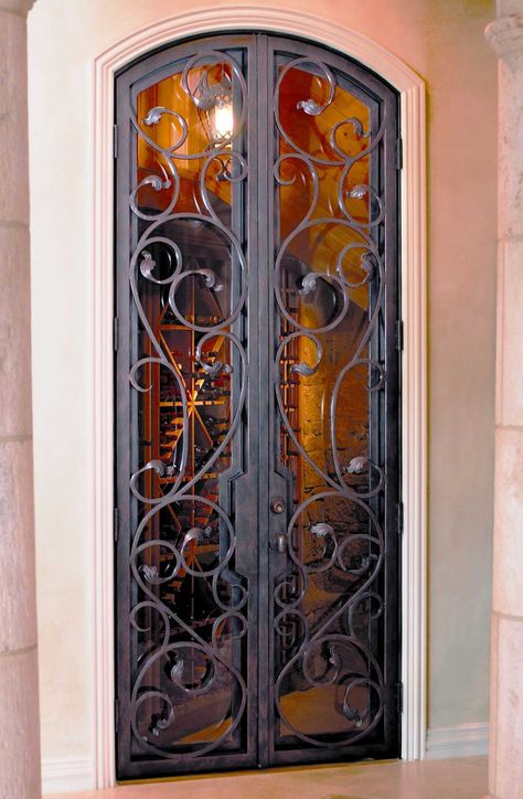 Wine Cellar Iron Doors & Gates Texas & Florida - Cantera Doors Hallway Doors, Wine Grotto, Mirrored Bar, Iron Ideas, Porte In Ferro, Wine Rooms, Wine Cellar Door, Wine Closet, Home Wine Cellars