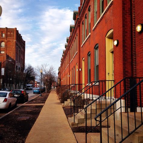 Rowhouses from a sidewalk view across the street from the old Falstaff Brewery in the St Louis Place neighborhood. Brick Architecture, Residential Building, Cardinals, St Louis, Missouri, The Old, The Neighbourhood, Old Things, Architecture