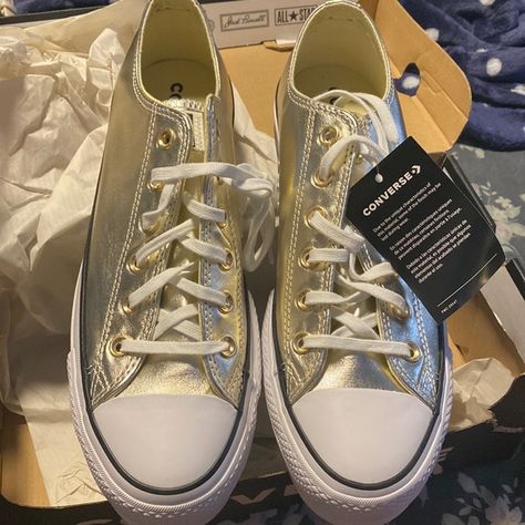 Brand new in box gold converse. Gold Converse Outfit, Gold Converse, Converse Outfit, Outfits With Converse, Chuck Taylor Sneakers, Converse Shoes, Quince, Converse Sneaker, Converse