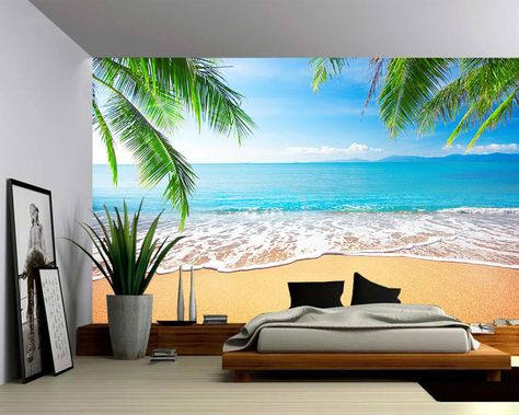 Palm and Tropical Beach Large Wall Mural Self-adhesive | Etsy Strand Wallpaper, Beach Wall Murals, Beach Mural, Beautiful Parks, Beach Walking, Large Wall Murals, Kabinet Dapur, Fabric Wall Decals, Removable Wall Murals