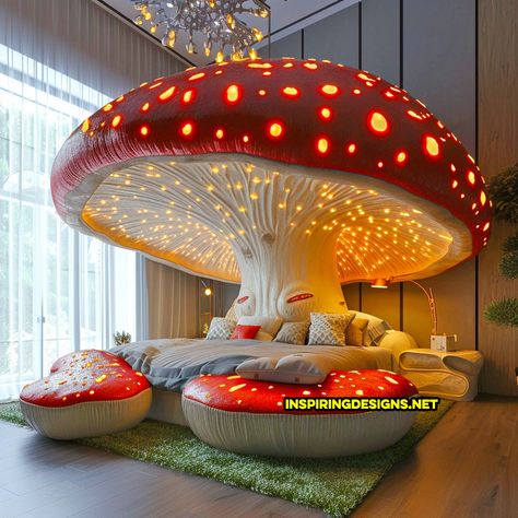 These Giant Mushroom Beds Add a Touch of Magic to Any Sleeping Space Mushroom Beds, Fun Beds, Mushroom Furniture, Wall Shelving Ideas, Mushroom Bed, Mushroom Bedroom, Chunky Furniture, Weird Beds, Unusual Beds