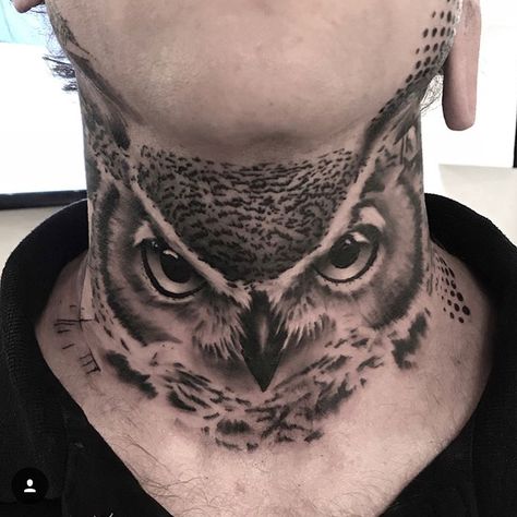 Owl Throat Tattoo Men, Owl Eyes Neck Tattoo, Owl Neck Tattoo Men, Neck Owl Tattoo, Owl Throat Tattoo, Skull Throat Tattoo, Eye Tattoo Back, Owl Eyes Tattoo, Owl Neck Tattoo