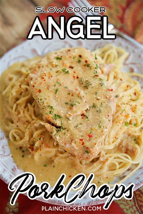 Slow Cooker Angel Hair Pork Chops Boneless Pork Chop Recipes Crockpot Slow Cooker Cream Of Chicken, Boneless Pork Chop Recipes Mexican, Pork Chops Recipes In Crockpot, Angel Pork Chops, Crockpot Chicken Dinners, Wine Chicken, Pork Chop Recipes Crockpot, Italian Dressing Mix, Pork Chop Recipes Baked