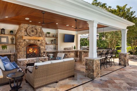 Detached Outdoor Kitchen Covered Patios, Patio Entertaining Spaces, Pool Pavilion With Fireplace, Large Pergola Patio Ideas, Outdoor Entertainment Area Covered, Rancho Backyard, Outdoor Fireplace Patio Covered, Outdoor Ramada, Outdoor Pavillion Ideas