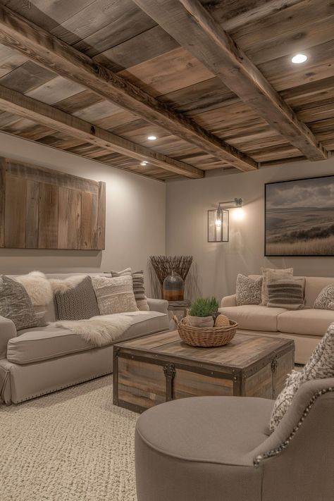 15 Unique Basement Ideas and Designs for Your Dream Space Basement Faux Beams, Basement With Paneling Ideas, Basement Living Area Ideas, Basements With Carpet, Farmhouse Low Ceiling Ideas, Flat Ceiling Design Living Room, Entertaining Basement Ideas, Home Decor Basement, Raised Ranch Basement Ideas