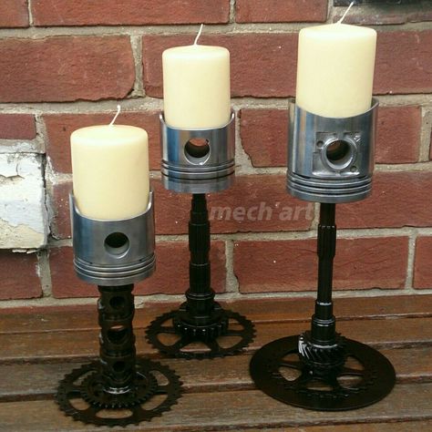 Three piston candle holders Old Car Parts Decor Ideas Diy Projects, Piston Centerpiece Wedding Ideas, Mechanics Wedding Theme, Mechanics Wedding, Car Themed Wedding, Car Parts Decor, Biker Wedding, Garage Organization Diy, Wedding Themes Summer