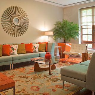 diseño de sala naranja turquesa Orange And Grey Living Room Decor, Grey And Orange Living Room, Orange Room Decor, Turquoise Living Room Decor, Living Room Turquoise, Green Living Room Decor, Teal Living Rooms, Furnitur Ruang Keluarga, Orange Rooms