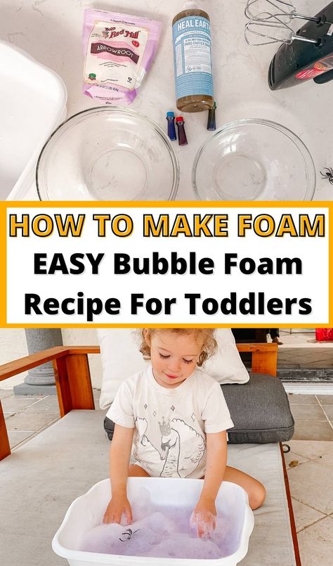 How To Make Foam | EASY SENSORY PLAY BUBBLE FOAM RECIPE - The Confused Millennial Foam Sensory Play, How To Makw, Foam Recipe, Play Foam, How To Make Foam, Sensory Play Ideas, Bubble Recipe, Bubble Foam, Sensory Learning