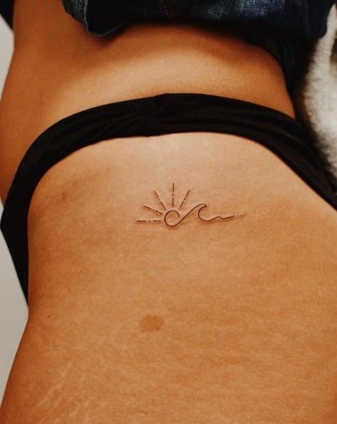 Hip Wave Tattoos Women, Sunset Wave Tattoo Minimalist, Tattoo Sunset Beach, Beach Sun Tattoo Ideas, Small Tattoo Beach, Sunset And Beach Tattoo, Tattoos To Get At The Beach, Fine Line Waves Tattoo, Small Summer Tattoo Ideas