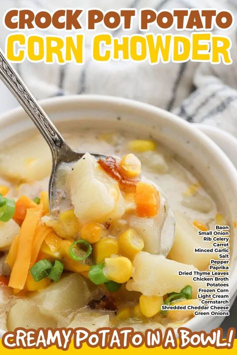 Potato Corn Chowder Soup Crock Pot, Crockpot Potato Corn Chowder Slow Cooker, Slow Cooker Potato Corn Chowder, Crockpot Potato Corn Chowder, Potato Corn Chowder Crock Pot, Potato Corn Chowder Soup, Savory Soup Recipes, Crock Pot Potato, Potatoes And Corn