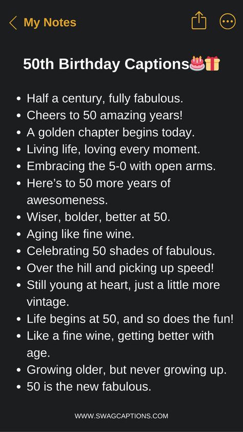 Make your 50th birthday post truly memorable with these heartfelt, funny, and inspiring caption ideas. From witty jokes about being 'fif-tree' to reflective quotes on the wisdom of midlife, this collection has the perfect 50th birthday caption to capture your personality and outlook. 50th Birthday Funny Quotes, Caption For Mom, Funny 50th Birthday Quotes, 50th Birthday Messages, 50th Birthday Surprise, Birthday Surprise For Mom, Cute Birthday Messages, Dope Captions For Instagram, Surprise 50th Birthday Party