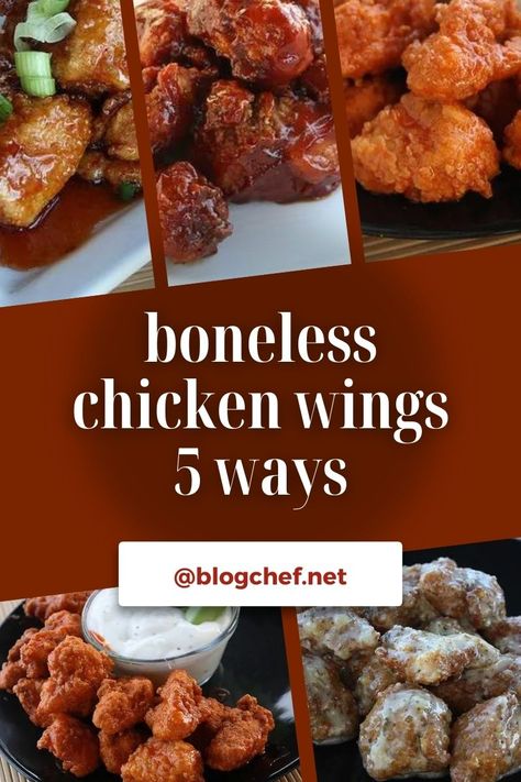 How to Make Boneless Chicken Wings 5 Ways Deep Fried Boneless Chicken Wings, Boneless Chicken Wings Recipe, Boneless Wing Recipes, Wings Buffalo, Different Sauces, Boneless Chicken Wings, Boneless Wings, Honey Barbecue, Cheese Rice