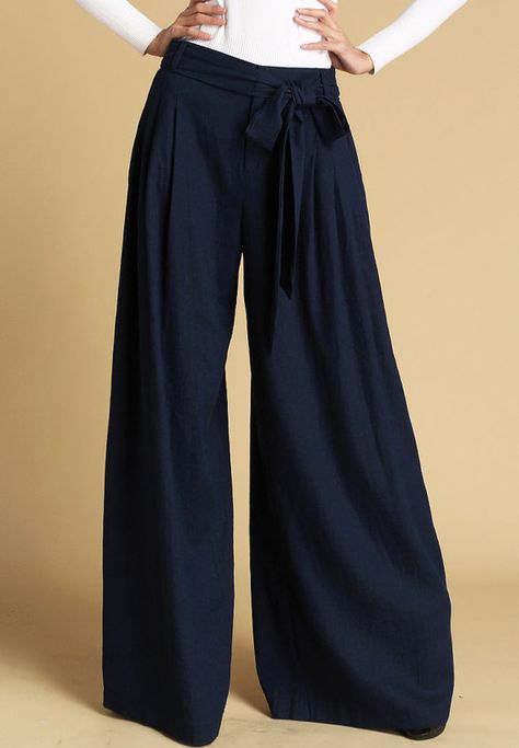 Dark blue linen maxi pants Blue Linen Trousers, Wide Leg Pants Summer, Long Linen Pants, Designer Plus Size Clothing, Dark Blue Pants, Maxi Pants, Pants Linen, Pockets Pants, Lace Vest