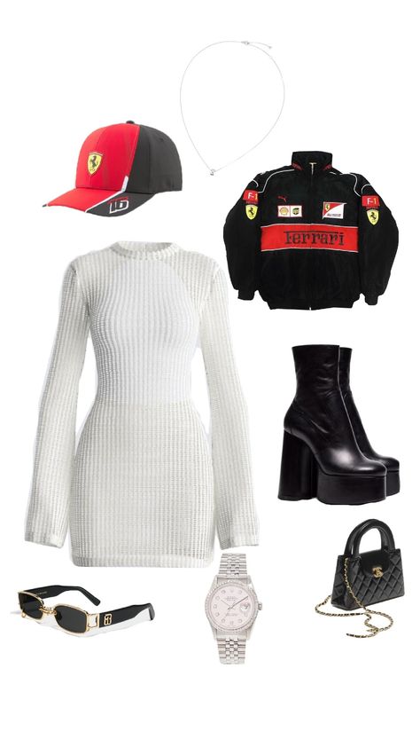 Jenna Potter, Formula 1 Outfit Women, Ferrari Jacket Outfit, F1 Fashion, Oliver Bearman, Kalogera Sisters, Luxury Outfit, Ferrari Jacket, School Camp