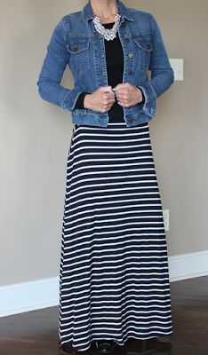 Black And White Striped Skirt Outfit, Fall Office Attire, Striped Maxi Skirt Outfit, Striped Skirt Outfit, Long Striped Skirts, Black And White Striped Skirt, Black Long Sleeve Tee, Skirt Outfit Ideas, Long Skirt Outfits