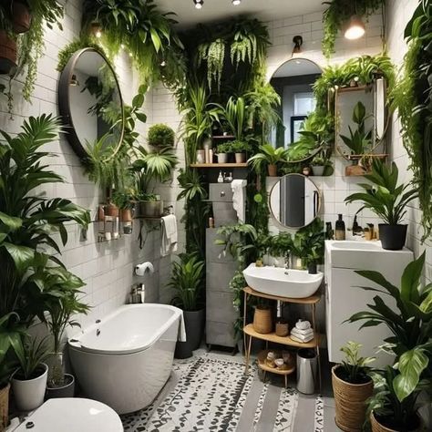 Green Jungle Bathroom, Restroom With Plants, Plant Inspired Bathroom, Plant Restroom, Jungle Style Interior, Bathroom Ideas With Plants, Urban Jungle Aesthetic, Bathroom Design Grey, Repot Plants