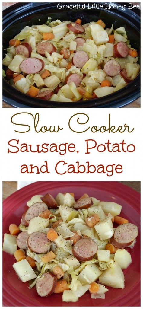 Potato And Cabbage, Slow Cooker Sausage, Sausage Potato, Cabbage And Sausage, Cabbage Recipe, Sausage Potatoes, Crockpot Dishes, God Mat, Crock Pot Slow Cooker