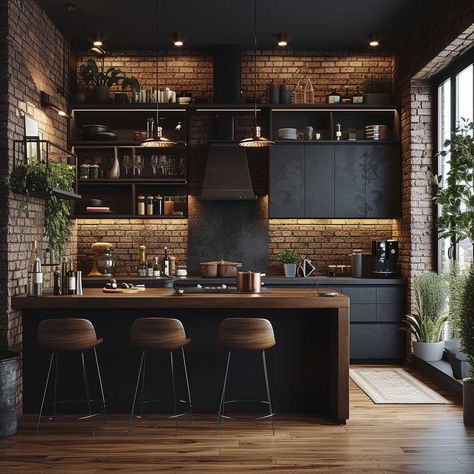 Navigate the Moody Farmhouse Kitchen Trend with Ease • 333+ Art Images Kitchen Moody Dark, Small Kitchen One Wall, Industrial Interior Design Kitchen, Dark Boho Kitchen, Industrial Look Kitchen, Loft Kitchen Ideas, Loft Kitchen Design, Industrial Loft Kitchen, Moody Apartment