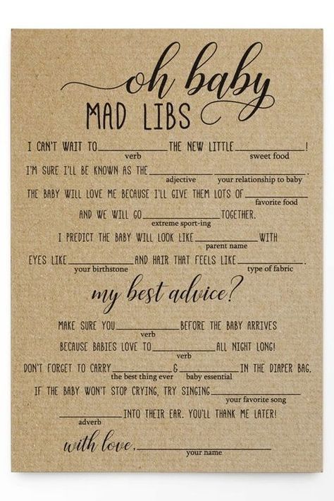 Is there a surer way to get the giggles going than a game of Mad Libs? This one is baby-themed, and you should probably have tissue handy for all the laugh-till-you-cry hilarity that will ensue. Unique Baby Shower Games, Best Baby Shower Games, January Baby Shower, Boho Baby Shower Decorations, Baby Shower Mad Libs, Cat Baby Shower, Animal Baby Shower Games, Baby Shower Games Unique, Baby Shower Party Games