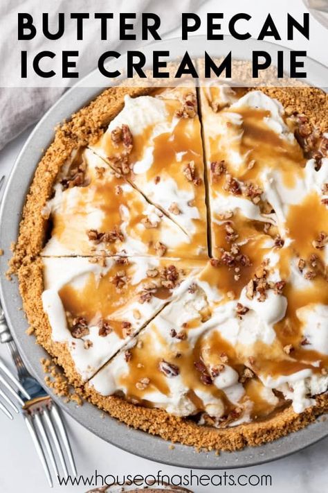 This Butter Pecan Ice Cream Pie is the sweetest way to serve one of the best old-fashioned ice cream flavors this summer. Rich swirls of butterscotch sauce and buttered pecans boost the flavor of your favorite butter pecan ice cream in this semi-homemade dessert that is guaranteed to receive oohs and ahhs when you serve it at your next dinner party! (Ad) | butter pecan ice cream pie recipe | ice cream pie recipes easy | ice cream pie with graham cracker crust | summer ice cream pie recipes Buttered Pecans, Butter Pecan Pie, Homemade Graham Cracker, Ice Cream Pie Recipe, Pecan Crust, Butter Pecan Ice Cream, Watermelon Ice Cream, Ice Cream Pie, Homemade Graham Crackers