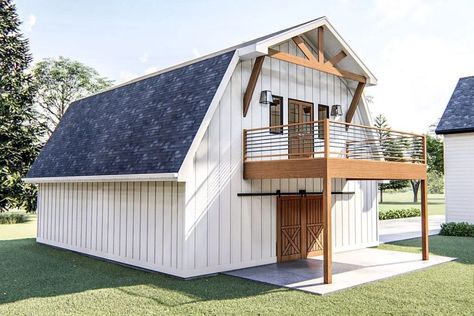 Rear and left side view of the apartment with the covered patio and deck. Modern Farmhouse Apartment, Apartment Garage, Barn Style Garage, Loft Floor Plan, Garage Apartment Floor Plans, Gambrel Barn, Farmhouse Apartment, Barn Plan, Barn Apartment