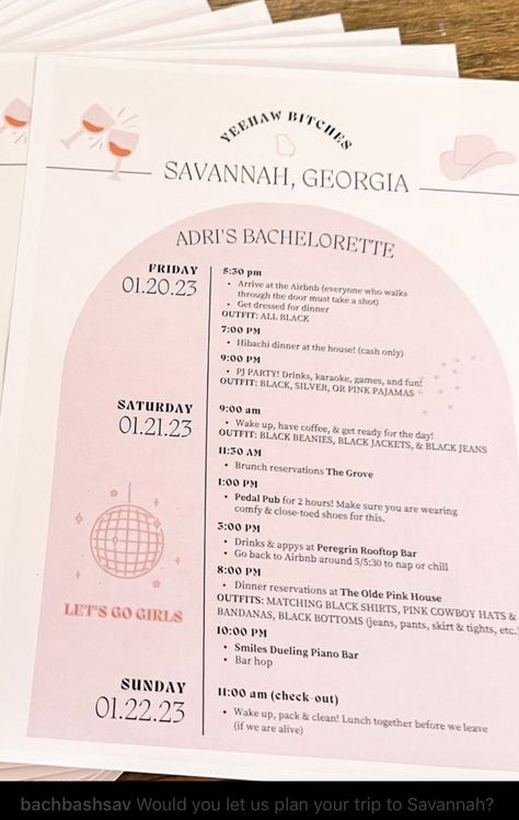 Savannah Georgia Bachelorette Itinerary, Bach Trip Itinerary, Bachelorette Party Savannah Ga, Savannah Bachelorette Itinerary, Ibiza Hen Do Itinerary, Bachelorette Itenary Ideas, Hens Weekend Ideas, Savannah Ga Bachelorette Party, Bachlorette Itinary