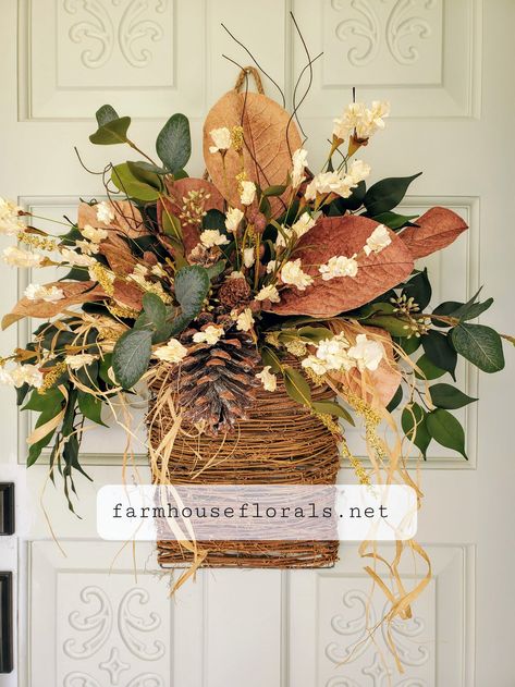 Front Door Hanging Basket, Door Hanging Basket, Front Door Baskets, Fall Door Decor, Door Basket, Magnolia Leaf, Basket Wreath, Fall Door Hanger, Door Wreaths Diy