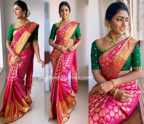 Eesha Rebba attended an event wearing a pink and gold Kanchipuram silk saree by CMR Shopping Mall paired with contrast green embroidered blouse by Vaishali. Traditional gold jewelry from Vibha Creations, nude makeup and pulled back gajra bun completed her look! Traditional Gold Jewelry, Gajra Bun, Pink Saree Blouse, Eesha Rebba, Pattu Saree Blouse Designs, Traditional Blouse Designs, Latest Model Blouse Designs, Bridal Attire, New Blouse Designs