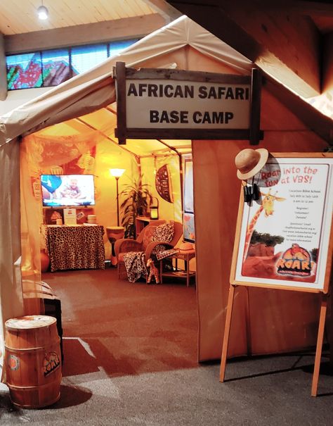 Safari Tent Party, Safari Library Theme, Jungle Tent Decor, African Safari Party Decorations, Safari Base Camp Decorations, Safari Theme Classroom Decorations, Vbs Jungle Theme, Jungle Themed Vbs, Safari Tent Decor