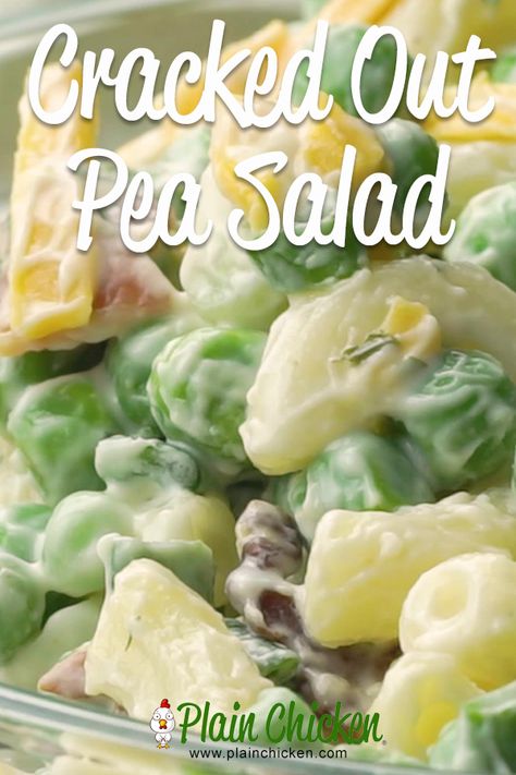 Cracked Out Pea Salad Recipe, Cracked Out Pea Salad, Sweet Pea Salad Recipes, Macaroni And Pea Salad, Garbage Salad Recipe, Bacon Pea Salad, Green Pea Salad, Chicken Ranch Pasta, Classic Macaroni Salad