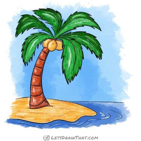 Learn how to draw a palm tree. In few simple steps, you will draw an awesome coconut palm tree standing on a small island beach. Pom Tree Drawing, Drawings Of Palm Trees, Beach Trees Drawing, Cartoon Palm Tree Drawing, Coconut Tree Drawing Easy, How To Draw Coconut Tree, Palm Tree Illustration Simple, How To Draw A Palm Tree, Island Drawing Simple