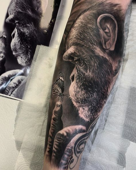 Tatoo Dog, Animal Sleeve Tattoo, Gorilla Tattoo, Monkey Tattoos, Half Sleeve Tattoos For Guys, Theme Tattoo, Tattoo For Son, Leg Tattoo Men, Leg Sleeve Tattoo