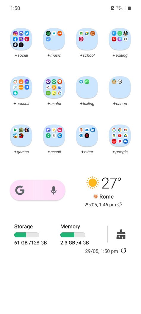 reorganized my phone turning off the all-apps screen, removing every slide from the home and reorganising in folders on pastel colors to make it way more minimalist. hope this will give you some inspiration for you too 💫 Homescreen Organization, My Phone, Turn Off, Pastel Colors, Make It, Turning, Pastel, Screen, Turn Ons