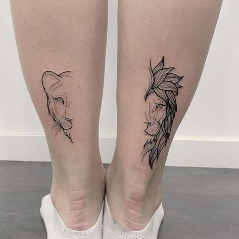 Matching Couple Tattoos Minimalist, Couples Lion Tattoo, Lioness Tattoo Ideas, Tattoo Simplistic, Simplistic Tattoo, Lion And Lioness Tattoo, Match Tattoo, Tattoo Spine, Tattoo Leggings