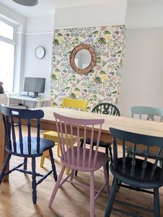 Multi Color Dining Chairs, Colorful Dinning Room Chairs, Multi Colored Dining Room Chairs, Different Colour Chairs Dining Tables, Different Color Dining Chairs, Colourful Kitchen Chairs, Multi Coloured Dining Room Chairs, Eclectic Chairs Dining, Multi Coloured Dining Chairs