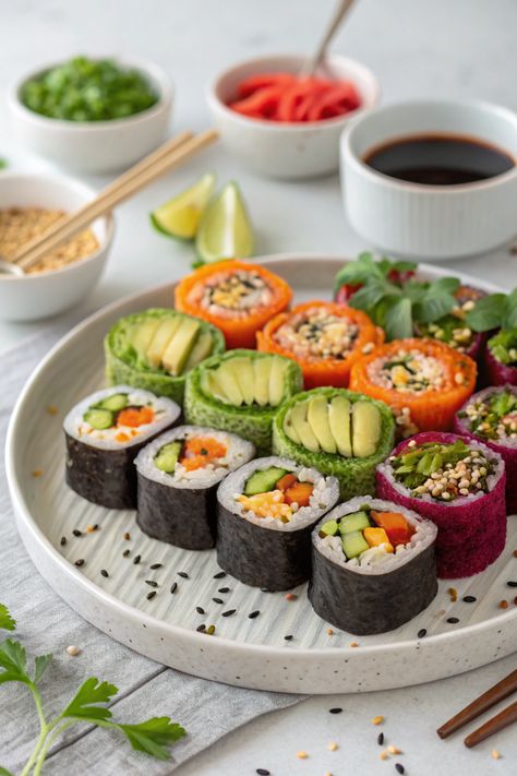 7-Minute Recipe: Raw Vegan Sushi Rolls Raw Vegan Sushi Recipes, Raw Vegan Easy Recipes, Raw Vegan Ramen, Raw Vegan Sandwich Recipes, Vegetable Sushi Rolls Recipe, Healthy Colorful Food, Good Vegan Food, Fully Raw Kristina Recipes, Sushi Recipes Vegetarian