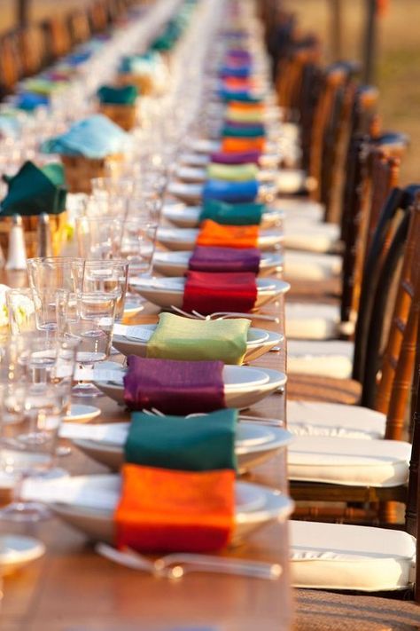 jewel-tone-linen-napkins-display-featured-on-borrowed-and-blue | Unique Pastiche Events Jewel Wedding Colors, Jewel Tone Wedding Decor, Jewel Tone Wedding Theme, Napkins Wedding Table, Bohemian Backyard Wedding, Reception Table Settings, Wedding Backyard Reception, Jewel Tone Wedding, Rainbow Wedding