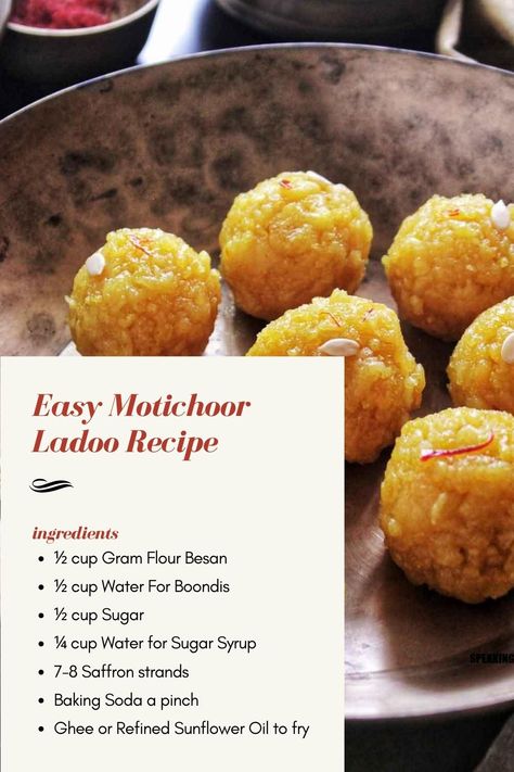 Motichoor Ladoo is an immensely popular Indian sweet dish, often served during weddings and festivals. Made with gram flour or besan, sugar, water, and in this case, some saffron. This Indian sweet dish is vegan and completely gluten-free but may have some chopped seeds and nuts. Motichoor Ladoo Recipe, Motichoor Ladoo, Desi Desserts, Indian Mithai, Easy Indian Dessert Recipes, Easy Indian Dessert, Diwali Recipes, Ladoo Recipe, Tiffin Recipe