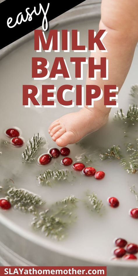 Easy DIY milk bath recipe for babies or adults #slayathomemother #milkbath #selfcare #babycare #infantcare #newborns #breastmilk Breastmilk Bath Photography, Breastmilk Bath For Baby, Winter Milk Bath Photography, Breast Milk Bath For Baby, Milkbath Photography Baby, Winter Milk Bath, Milk Bath Recipe Diy, Cookie Milk Bath, Christmas Milk Bath Baby