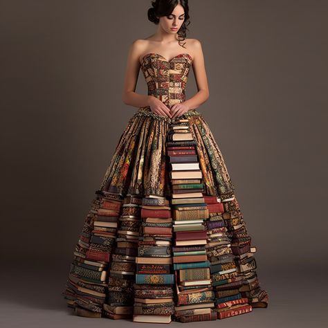 Model wearing a sophisticated Vintage Hardcover Gown made from vintage book covers Book Dresses, Book Dress, Bookshelf Design, Hardcover Books, Art Dress, Glam Dresses, Intricate Designs, Inspired Dress, Dress Design