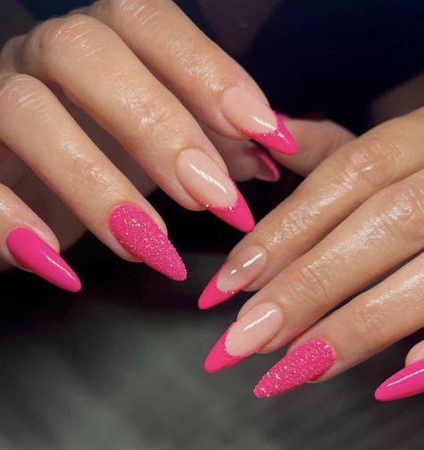 French Nails Pink Design, Red Almond Nails With Diamonds, Pink Chrome Nails Almond Shape, Hot Pink And Black Almond Nails, Christmas Nails Hot Pink, Hot Pink Prom Nails Acrylic, Holiday Pink Nails, Pink Birthday Nails Almond, Almond Nails Birthday