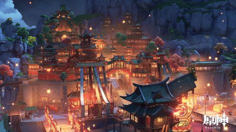 Chinatown Concept Art, Liyue Aesthetic, Liyue Scenery, Spencer Aesthetic, Liyue Harbor, Chinese Places, Art Gallery Wallpaper, Game Background, Fantasy City