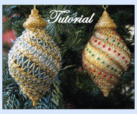 Christmas Ornament Tutorials by Beaded Patterns - The Beading Gem's Journal Beaded Decorations, Christmas Beading, Elegant Ornaments, Beaded Christmas Decorations, Free Jewellery Making Tutorials, Beaded Ornament Covers, Bead Ornaments, Holiday Beading, Traditional Ornaments