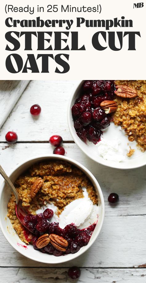 Warm, comforting bowls of oats made with cranberries, pumpkin, and spices. Gluten-free, plant-based, rich in antioxidants, and ready in just 25 minutes! Cranberry Baked Oatmeal, Pumpkin Steel Cut Oats, Recipe With Cranberries, Cranberry Pumpkin, Cranberry Oatmeal, Cranberry Baking, Pumpkin Oats, Pumpkin Cranberry, Plant Based Snacks