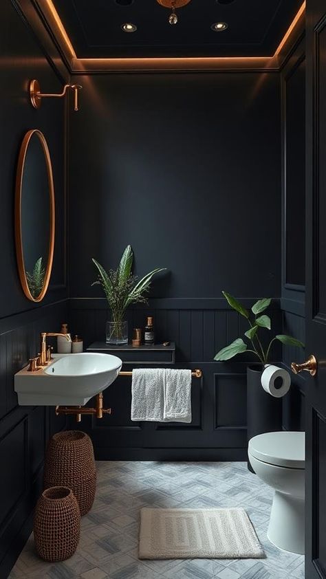 Create a Dark Moody Bathroom: Step-by-Step Guide Mood Bathroom Ideas, Black Water Closet Bathroom, Dark Moody Guest Bathroom, Dark And White Bathroom, Dark Powder Bathroom Ideas, Bathroom With Dark Ceiling, Moody Hall Bathroom, Dark Academia Half Bathroom, Moody Tiny Bathroom