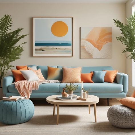 Accent your serene tones with striking pops of light blue,yellow and terracotta colors. Reminiscent of a tropical calm sunset! 🌞 Let your walls tell a story with a daring accent wall and playful artwork that sparks joy. Layer in textures with plush cushions and a statement rug—comfort meets creativity! 🛋️💫 #BoldDesign #LivingRoomVibes #livingroominspo #homeimspo #serenoasis Light Blue And Orange Living Room, Light Blue And Terracotta, Yellow And Terracotta, Blue And Orange Living Room, Light Blue Living Room, Calm Sunset, Orange Living Room, Orange Office, Playful Artwork